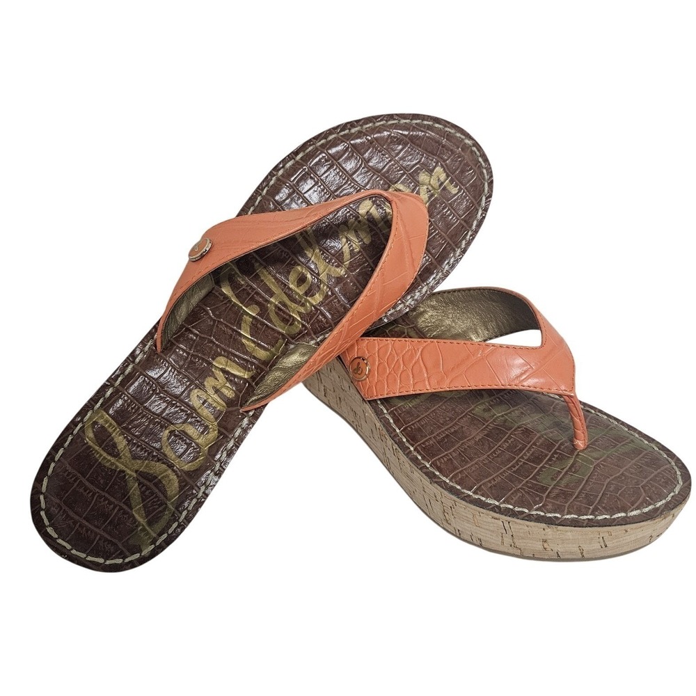 Sam Edelman Wedge Sandals Women 10 Orange Romy Croc Embossed Cork Platform Thong